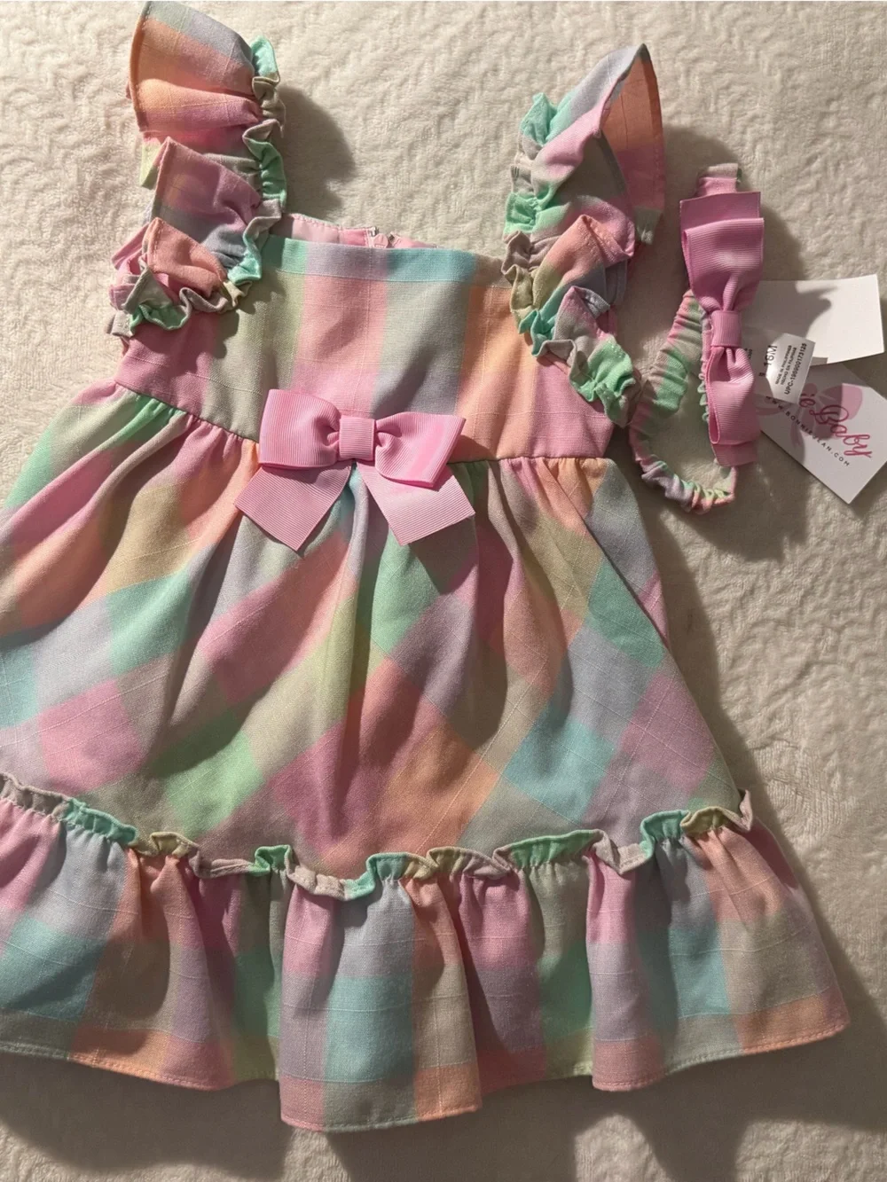 NWT Bonnie Baby 3-Piece Pastel Plaid Dress Set with Headband - 18M - Picture 3 of 11